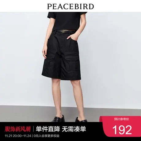 太平鸟高腰工装阔腿短裤女2023年夏季宽松显瘦黑色直筒短裤女奥莱商品大图