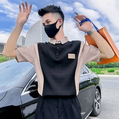 夏季时尚潮男拼接撞色休闲短袖t恤polo衫新款潮流理发师半袖体恤商品大图