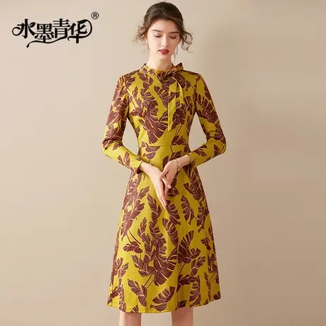 水墨青华冬装新品时尚系带领修身中长款A摆印花连衣裙商品大图