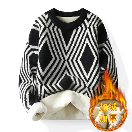 港士博加绒加厚男毛衣撞色潮流个性毛线衣冬季圆领针织衫保暖外套商品大图