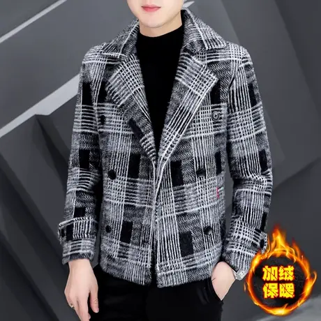 毛呢子短款格子双排扣大衣男士冬季帅气加绒保暖貂绒夹克冬装外套商品大图