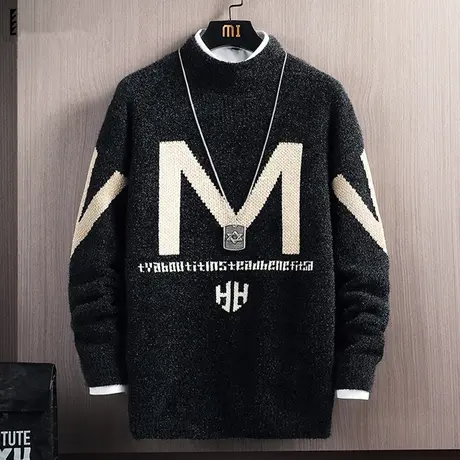 半高领毛衣男秋冬季潮牌宽松休闲字母针织衫男加厚保暖青少年线衣商品大图