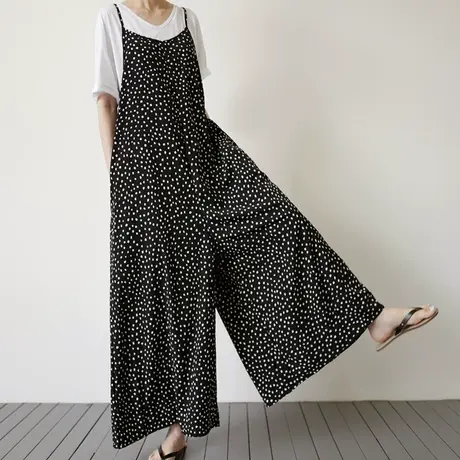 夏装新款吊带雪纺连体裤女碎花阔腿九分时尚宽松大码背带波点裤子图片