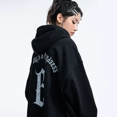 YEP黑色连帽卫衣女春秋oversize小众设计高街潮牌字母印花外套bf图片