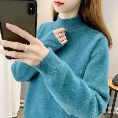 半高领水貂绒毛衣女加厚打底衫2023秋冬新款宽松针织衫内搭上衣潮商品大图