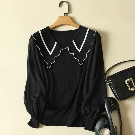 雪纺袖冰丝针织衫女春装2024年新款长袖宽松上衣洋气蕾丝打底衫女商品大图