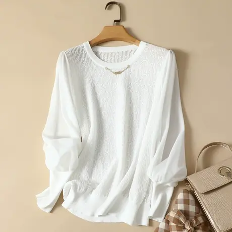 春装2024年新款雪纺袖冰丝针织衫女长袖宽松上衣洋气蕾丝打底衫女图片