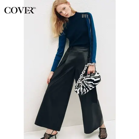 COVER冬季弹性PU皮革褶裥阔腿休闲裤图片