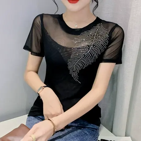 性感心机网纱T恤女短袖2024夏季新款时尚烫钻上衣百搭显瘦小衫潮商品大图