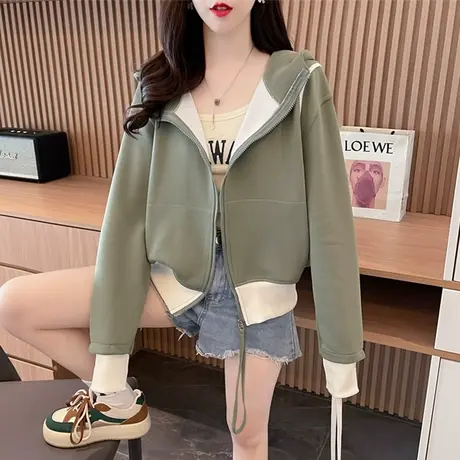 早秋设计感小众连帽卫衣女春秋韩版宽松初秋薄款纯色撞色开衫外套图片