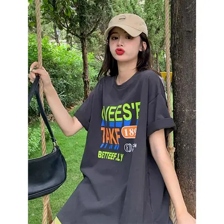 中长款oversize灰色t恤短袖女夏小清新欧货大版宽松下衣失踪遮臀商品大图