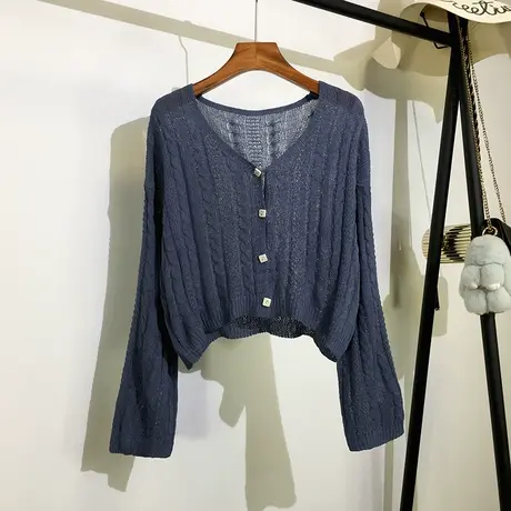 长袖镂空开衫女外搭夏季新款韩版宽松v领短款针织衫防晒上衣罩衫商品大图