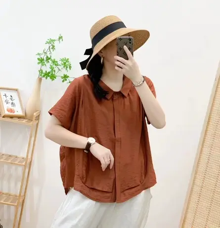 2023夏新款时尚百搭纯色休闲宽松显瘦衬衫薄款polo领减龄短袖上衣商品大图