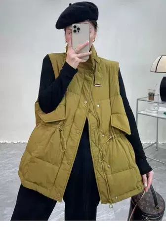 立领收腰羽绒棉马甲女中长款2023年秋冬新款宽松显瘦坎肩保暖外套商品大图