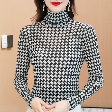 春夏新款网红豹纹长袖洋气高领修身打底衫女简约百搭显瘦上衣休闲图片