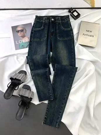 大口袋做旧磨白牛仔铅笔裤2023秋季新款小个子高腰显瘦弹力小脚裤图片