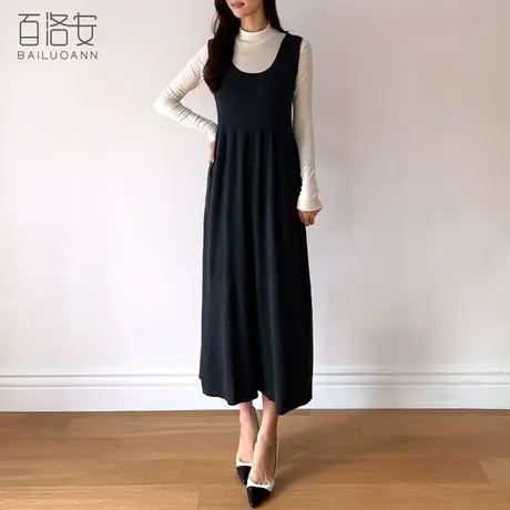百洛安弹力收腰无袖针织连衣裙女秋冬款U型领叠搭长款毛衣背心裙图片