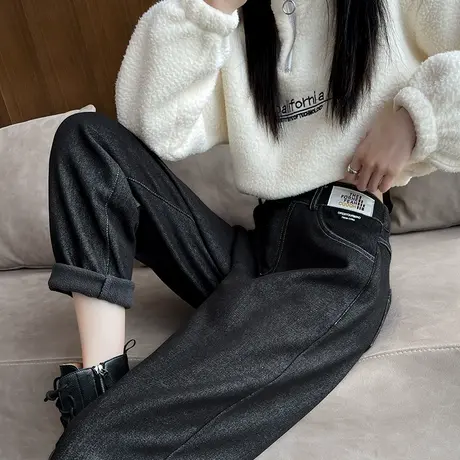 加绒黑色老爹牛仔裤女2023年秋冬新款高腰直筒宽松加厚哈伦萝卜裤商品大图