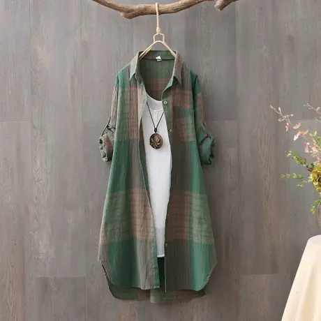 复古港味格子衬衫女长袖春秋秋季新款中长款宽松衬衣春秋外套上衣商品大图