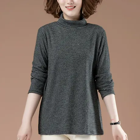 半高领打底衫女秋冬中年妈妈宽松显瘦内搭中长款条纹长袖T恤女图片
