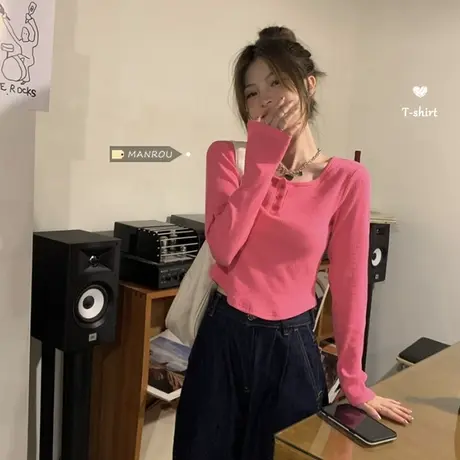 2024新款chic早秋上衣ins玫红色短款长袖t恤女装内搭打底衫春秋潮图片