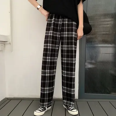黑白格子裤子女夏季薄款高腰宽松直筒垂感网红休闲裤复古阔腿长裤商品大图