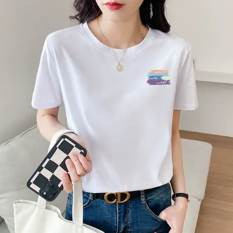白色正肩t恤女装韩系百搭小众潮牌短袖宽松纯棉简约宽松印花上衣图片