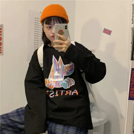 红续原创2020秋装新款韩版百搭上衣宽松慵懒风薄款长袖卫衣女ins图片