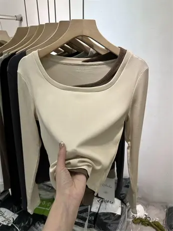 美式假两件T恤撞色拼接打底衫女2023春季新款上衣长袖修身针织衫商品大图