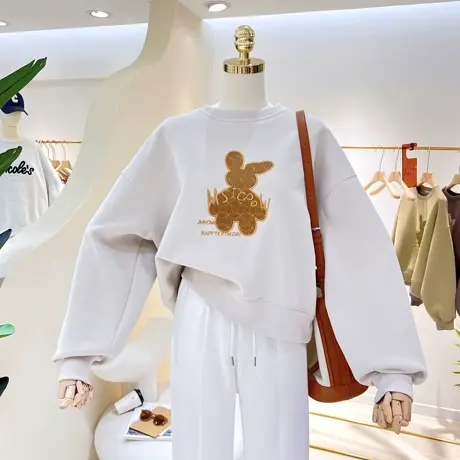 2023春秋卡通刺绣兔子短款复古宽松显瘦小个子圆领套头卫衣女休闲商品大图