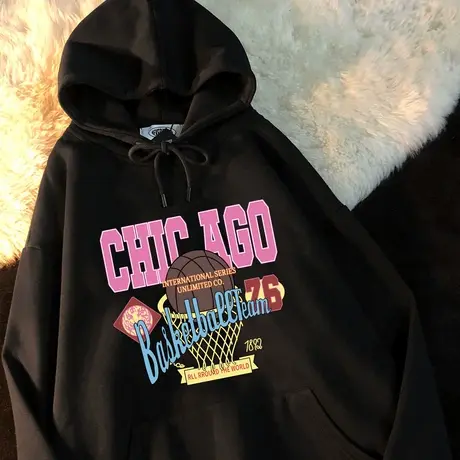 vintage美式连帽卫衣女秋胖mm大码bf慵懒风黑色外套潮ins显瘦上衣图片