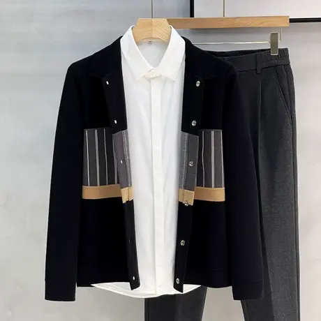 男士毛衣秋冬季2023年新款韩版潮流时尚翻领条纹针织开衫夹克外套商品大图