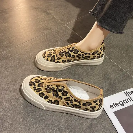 2023春秋新款百搭薄款豹纹帆布鞋女厚底懒人一脚蹬休闲板鞋单鞋潮商品大图