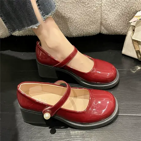 复古玛丽珍女鞋法式粗跟日系小皮鞋2024新款春秋漆皮圆头小单鞋女图片