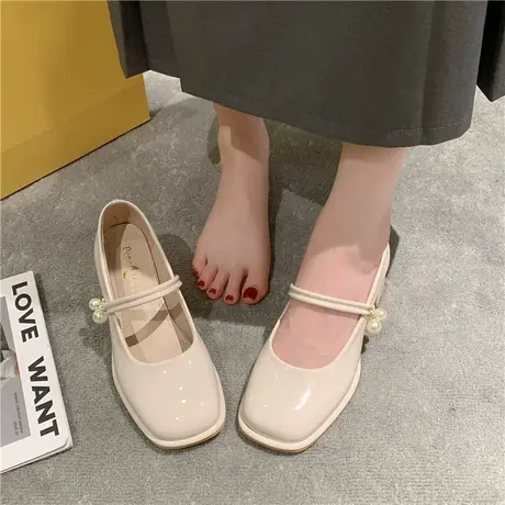 法式晚风单鞋女赫本风温柔中粗跟玛丽珍女鞋优雅淑女小皮鞋高跟鞋图片