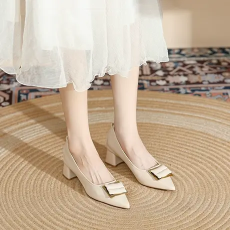 高跟鞋女2024新款秋冬季尖头浅口气质百搭方扣粗跟单鞋舒适工作鞋图片