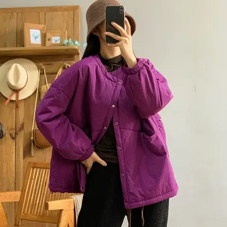 dza 复古纯色羽绒棉上衣女士棉服秋冬新款宽松轻便棉袄休闲款棉衣图片