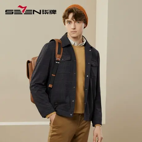 柒牌夹克外套男春秋新款时尚格纹印花男士休闲黑色工装翻领茄克衫图片