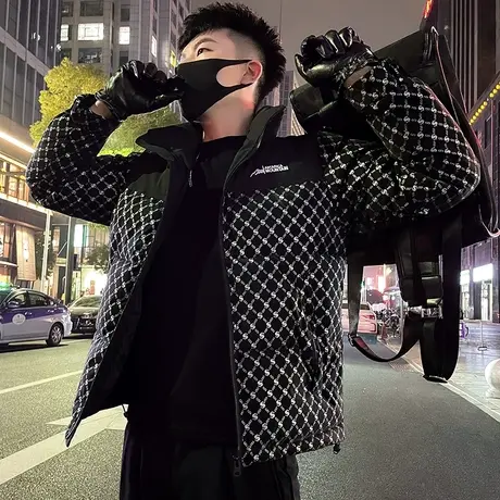 棉衣男冬季2023新款轻熟满印设计感时尚潮牌修身潮流轻熟棉服外套商品大图