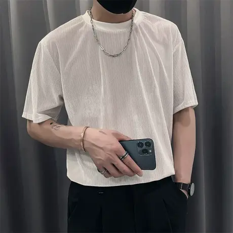 夏季潮流休闲短袖t恤2023新款垂感条纹高级潮男宽松半袖上衣体恤商品大图
