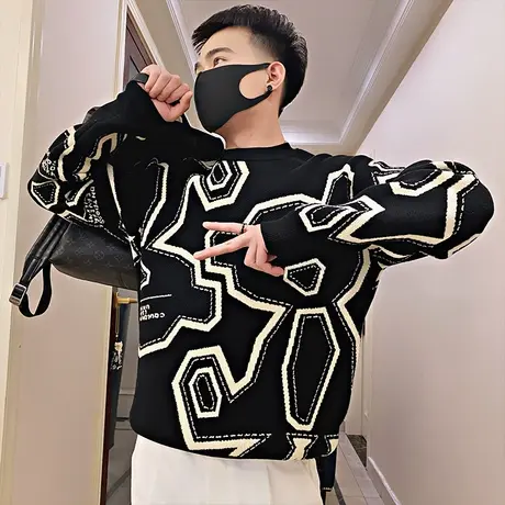 设计感卡通涂鸦提花针织毛衣男冬季2023新款潮流宽松保暖内搭线衣商品大图