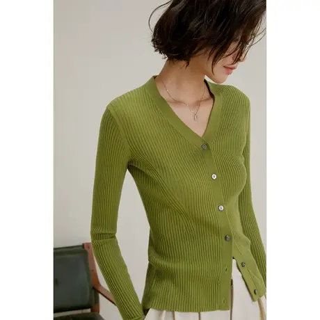 弥古复古绿色v领毛衣针织衫上衣女春秋长袖显瘦外搭开衫气质小衫图片