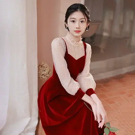 订婚礼服平时可穿便装红色连衣裙敬酒服新娘纱袖回门2023新款夏季图片