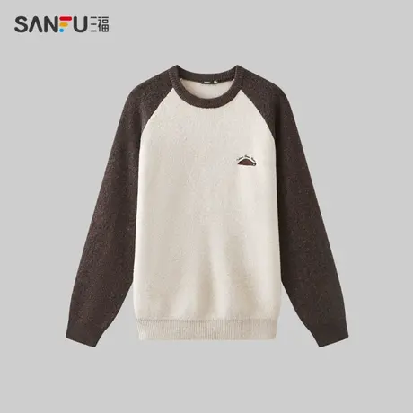三福2023冬季男士撞色插肩袖小熊毛衣 休闲宽松圆领上衣480890商品大图