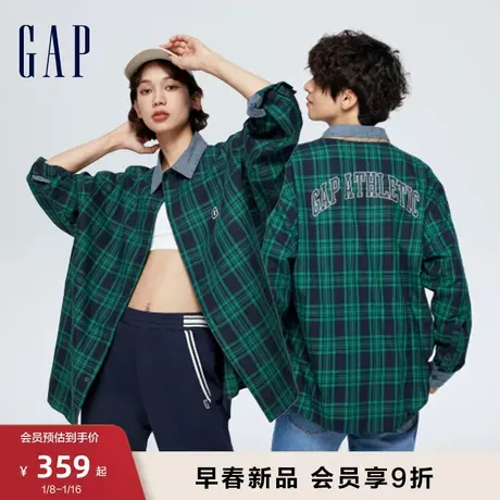 Gap男女装春季2024新款LOGO翻领格纹衬衫宽松休闲长袖上衣877589图片