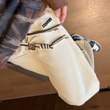 秋冬季新款雪尼尔休闲长裤男潮牌oversize直筒宽松阔腿束脚小脚裤商品大图