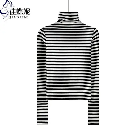 春秋新款高领保暖修身显瘦纯棉条纹短款纯欲长袖体恤上衣女打底衫商品大图