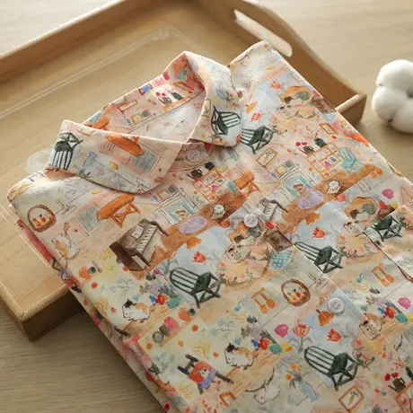 春秋韩版童趣印花个性外套上衣长袖衬衫女宽松潮文艺港风慵懒衬衣图片