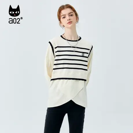 【漫步】a02原创潮流条纹针织衫女2023秋冬假两件休闲百搭上衣女商品大图