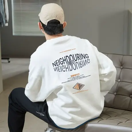 唐狮春秋新款男装卫衣休闲外套圆领宽松学生上衣运动服白色图片